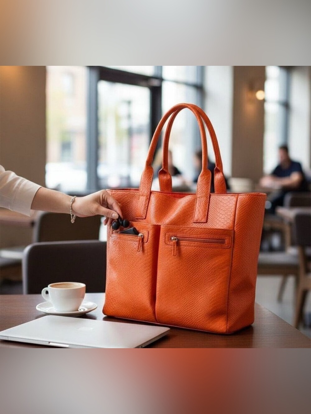 Neiman Marcus tote bag faux snakeskin embossed orange